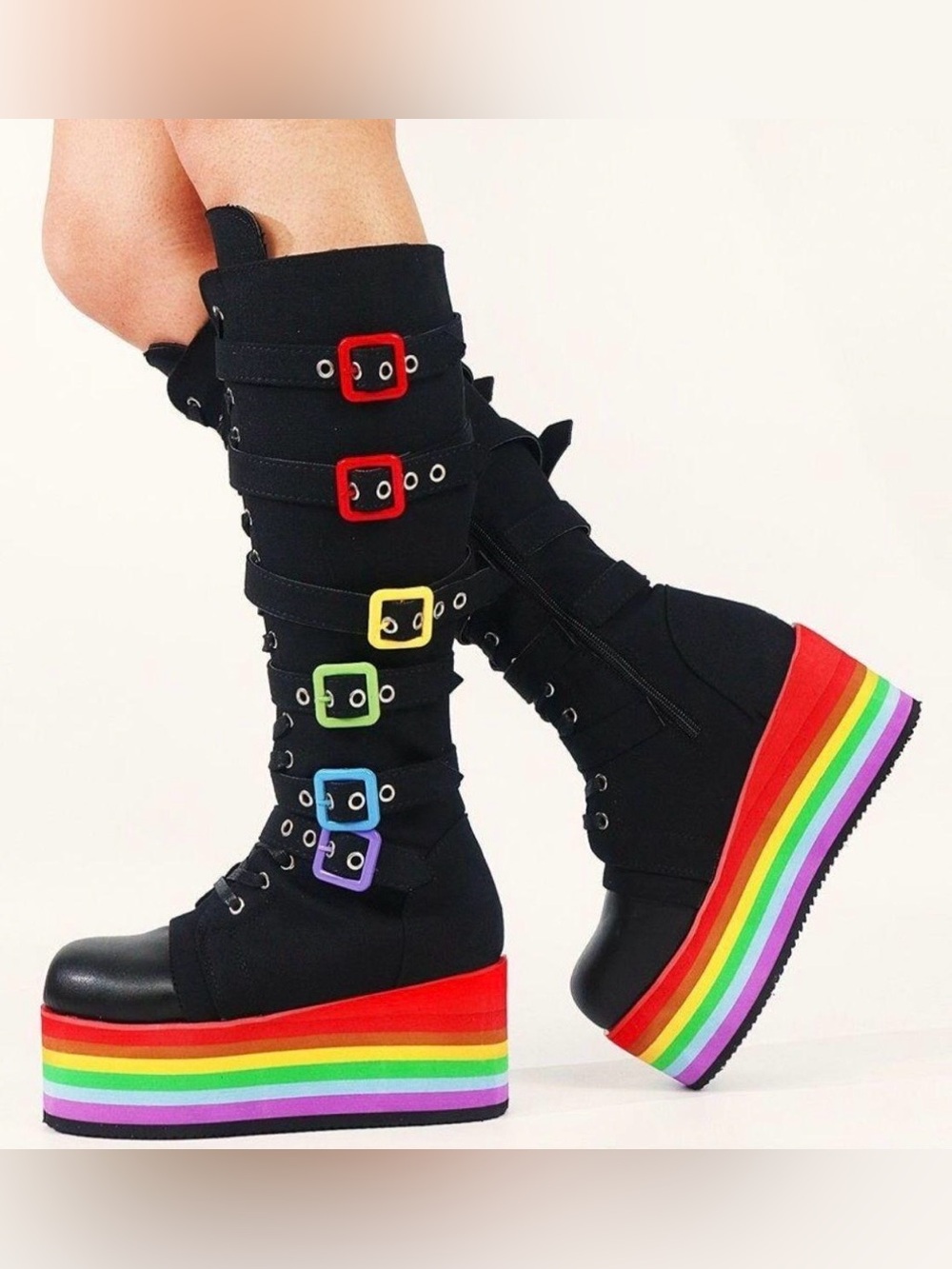 Rainbow Platform Goth Rave Boots Knee High Black Gay Pride Bratz Y2K Cosplay 9